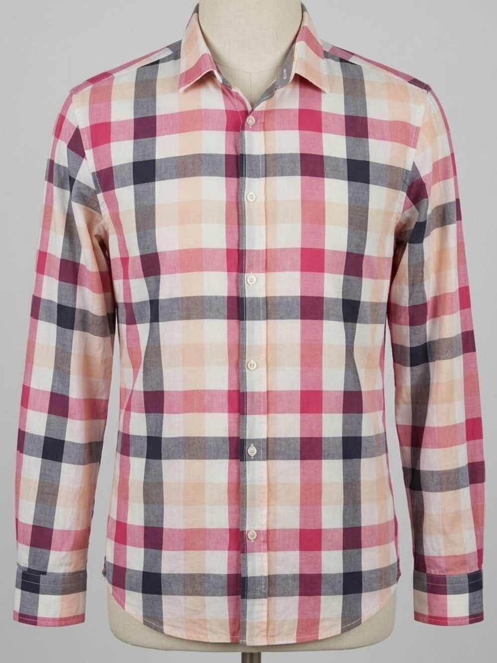 BOSS Orange Hugo Boss Shirt Mens XL Slim Fit Pink Gray Plaid Long Sleeve Preppy
